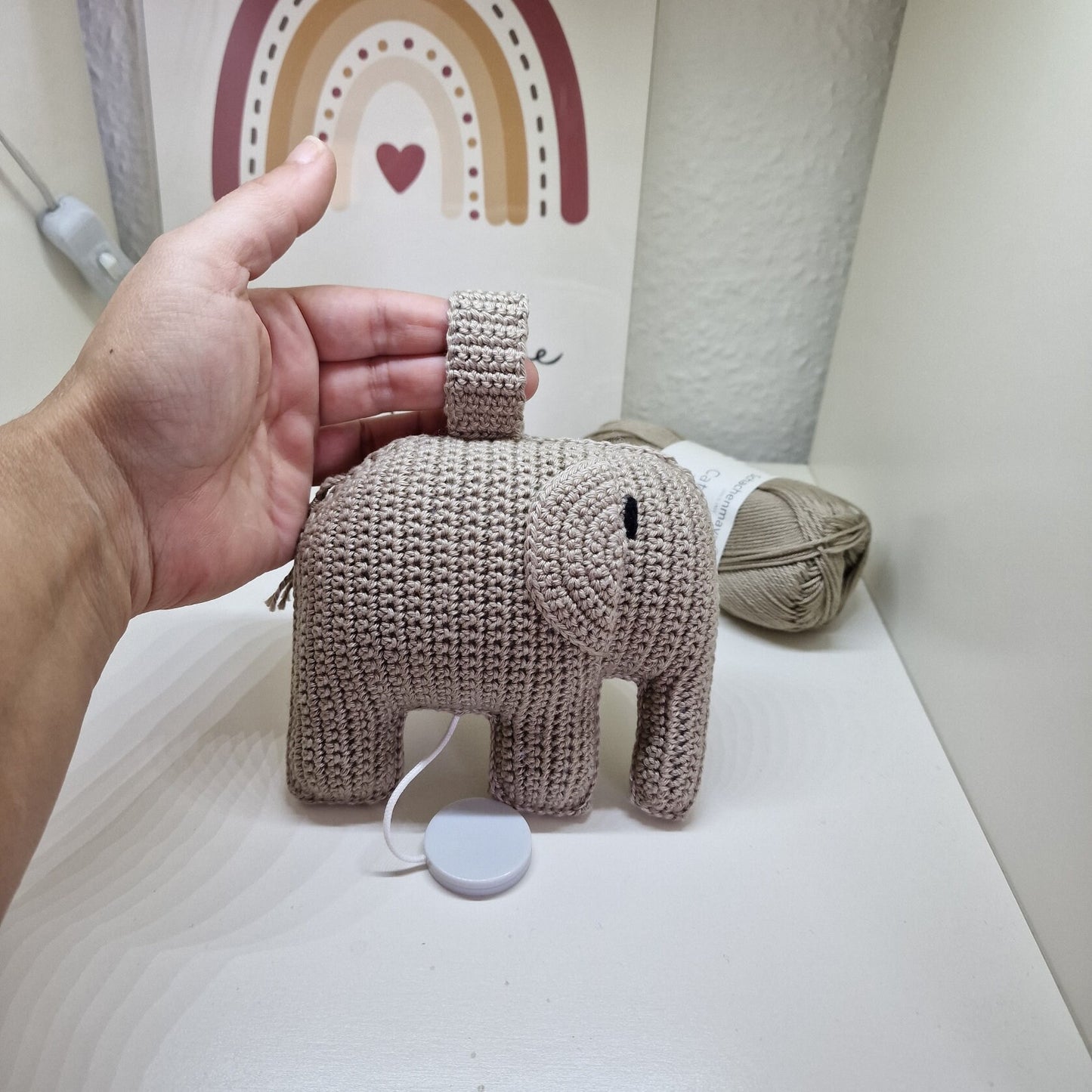 Spieluhr gehäkelt Handmade Amigurumi Elefant Mobile Musik Babyshower mobile Baby Geschenk