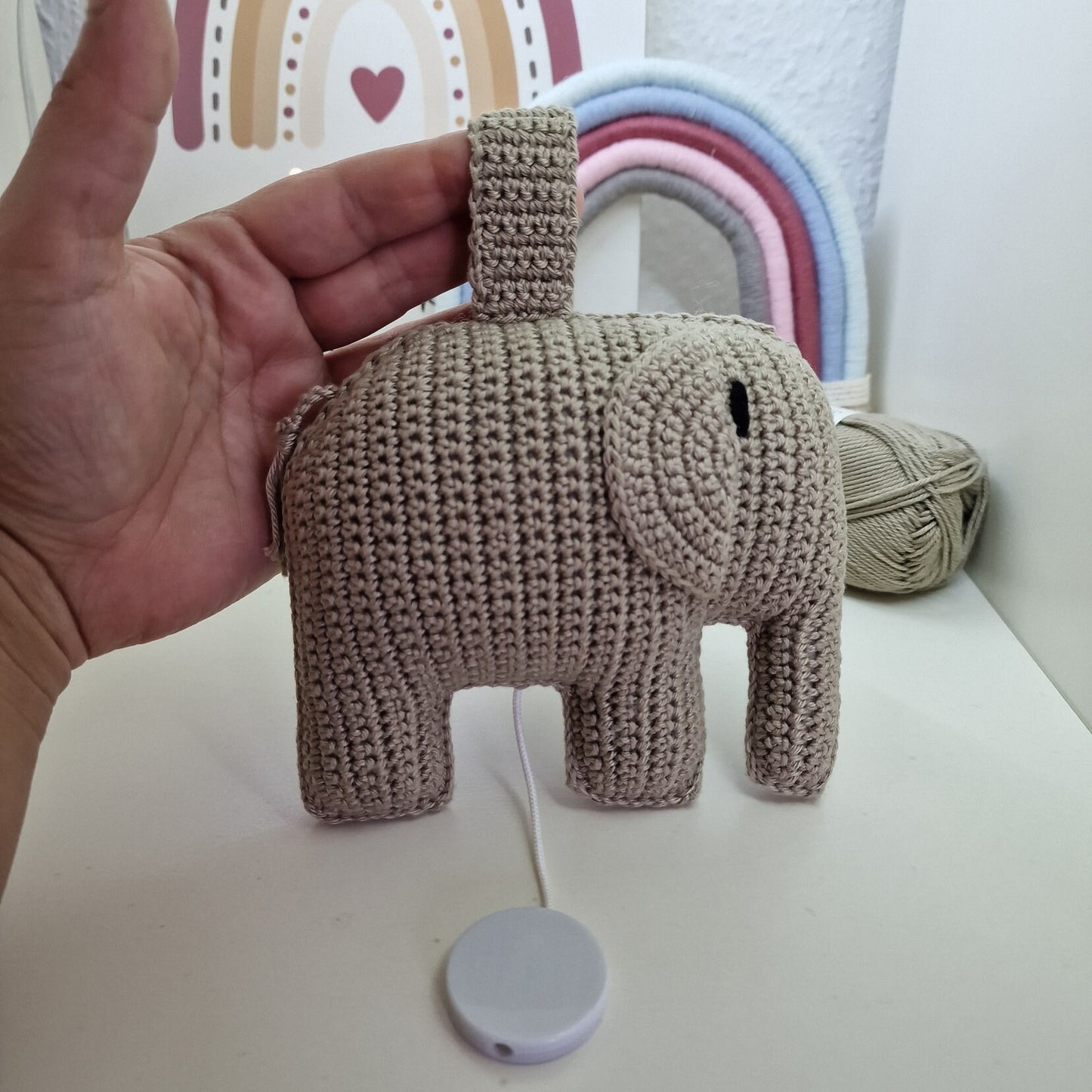 Spieluhr gehäkelt Handmade Amigurumi Elefant Mobile Musik Babyshower mobile Baby Geschenk